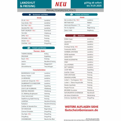 Gutscheinbuch Landshut-Freising 2024 Inhaltsverzeichnis