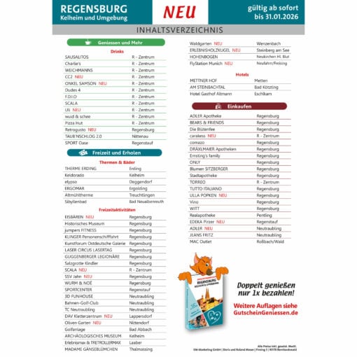 Gutscheinbuch Regensburg 2025 Inhaltsverzeichnis